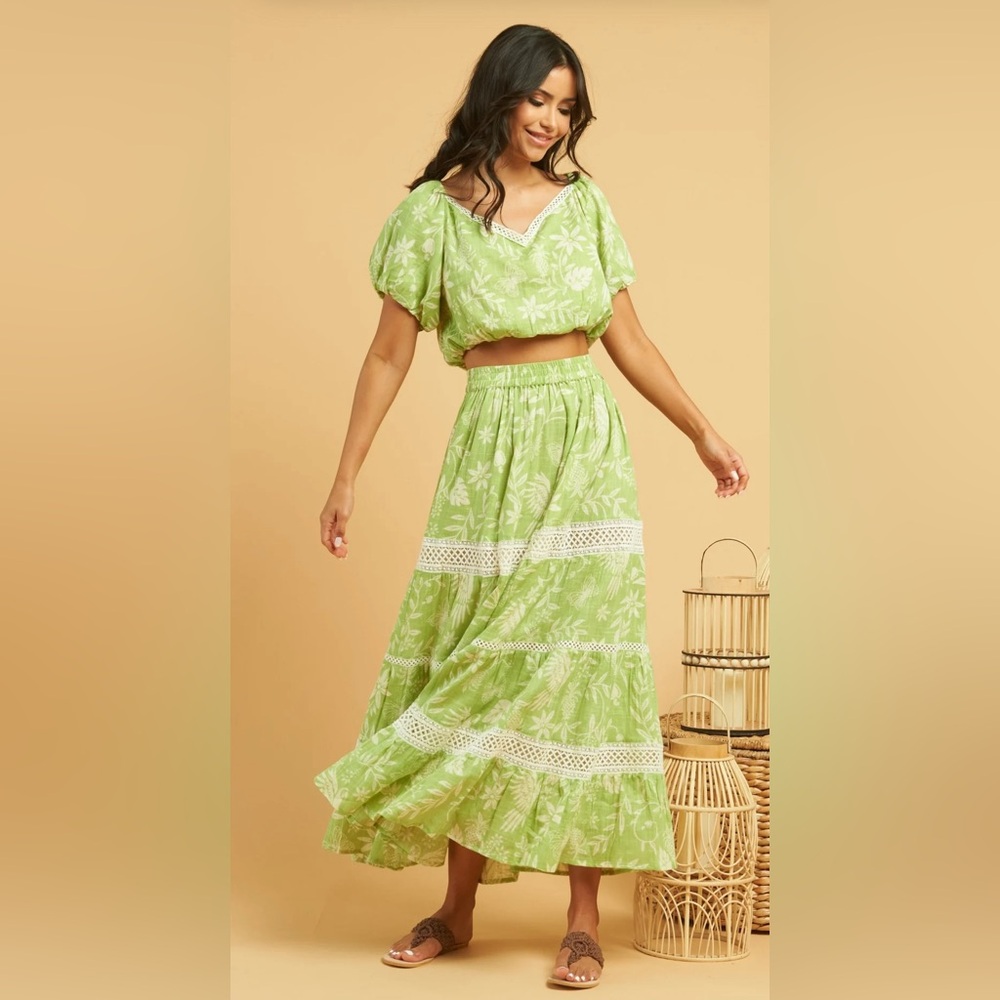 Z & L Women’s Citron Maxi Skirt Green Boho Floral Flowy Size Small